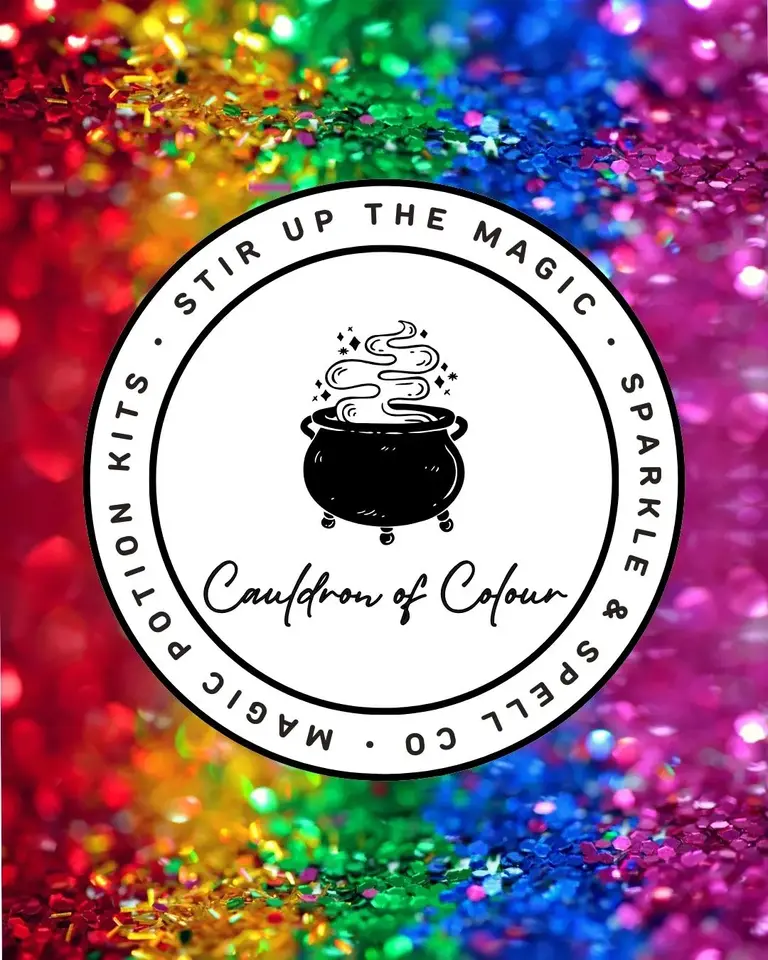 Cauldron of Colour magic potion kit for kids NZ by Sparkle & Spell Co., featuring a black cauldron illustration on a vibrant rainbow glitter background. Colour-mixing potion kit designed for two children.