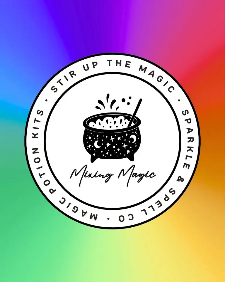 Mixing Magic Primary Colour Potion Kit for Two by Sparkle & Spell Co. NZ, showing a bubbling cauldron illustration on a rainbow colour-wheel background.