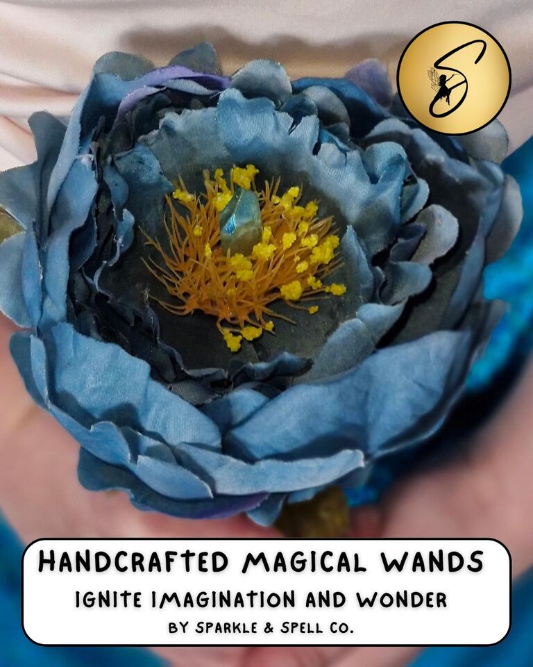 Handcrafted magical wand with vibrant blue flower and crystal tip, designed to ignite imagination and wonder in kids — Sparkle & Spell Co.