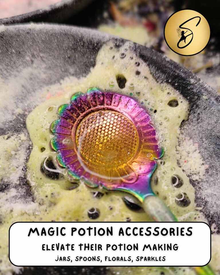 Iridescent rainbow spoon surrounded by fizzing potion ingredients, part of Sparkle & Spell Co.'s Magic Potion Accessories collection to enhance kids’ creative play.