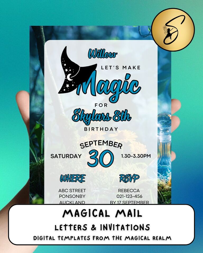 Mermaid-themed digital party invitation template for kids' birthday, part of Sparkle & Spell Co.'s Magical Mail letters and invitations collection.