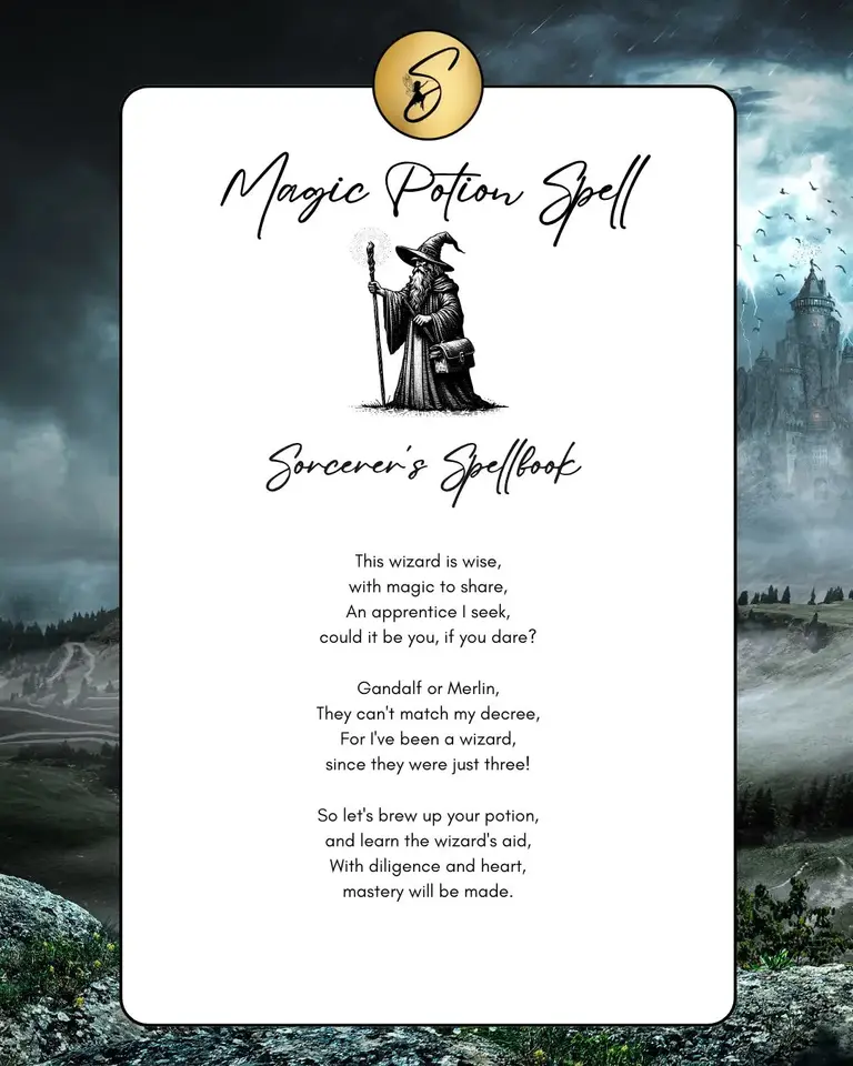Sorcerer's Spellbook magic potion spell card by Sparkle & Spell Co. NZ, featuring a wixards castle illustration and wizard-filled potion spell.