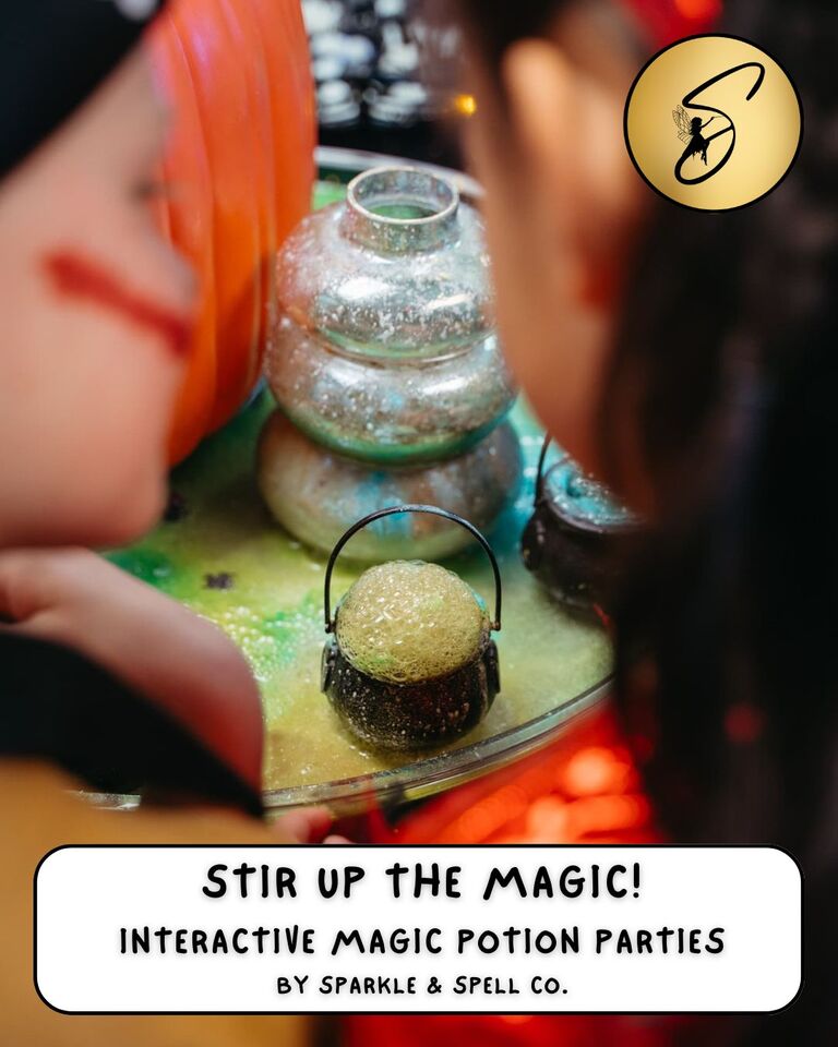 Children enjoying an interactive magic potion party with bubbling cauldron play setup, part of Sparkle & Spell Co.’s magical party experiences for kids.